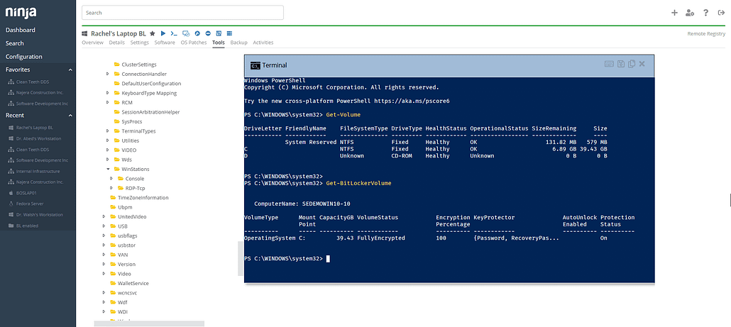 Skærmbillede af fjern-værktøjer PowerShell
