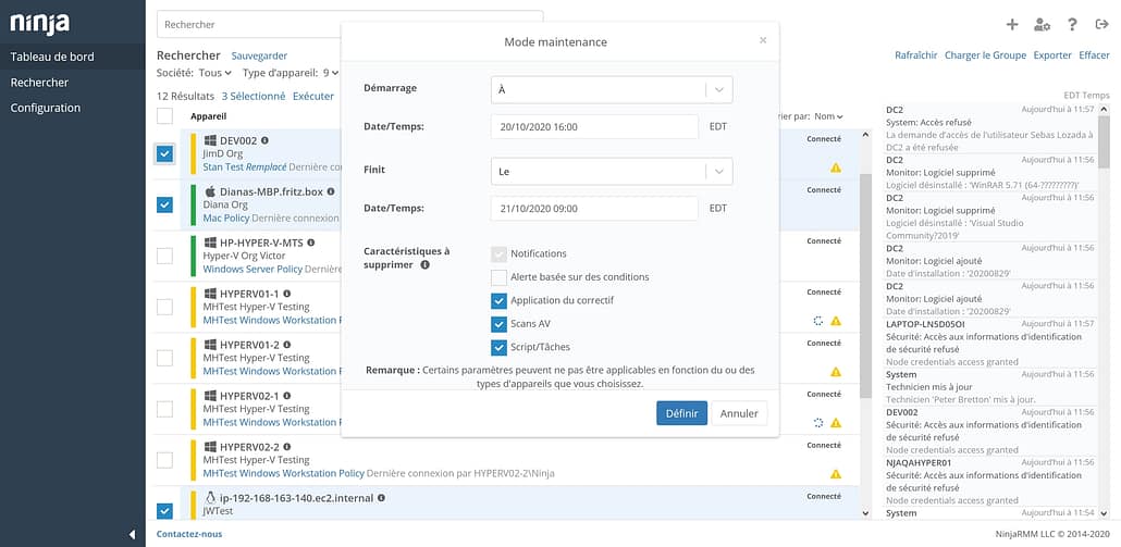Tableau de Bord Mode Maintenance RMM NinjaOne