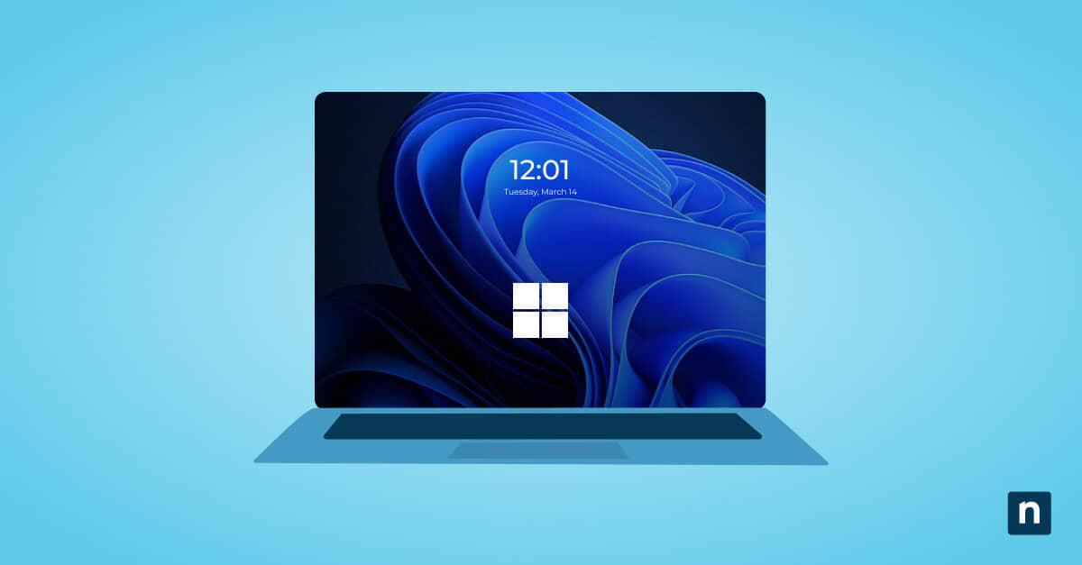 A laptop with the Windows 11 logo on the lock screen
