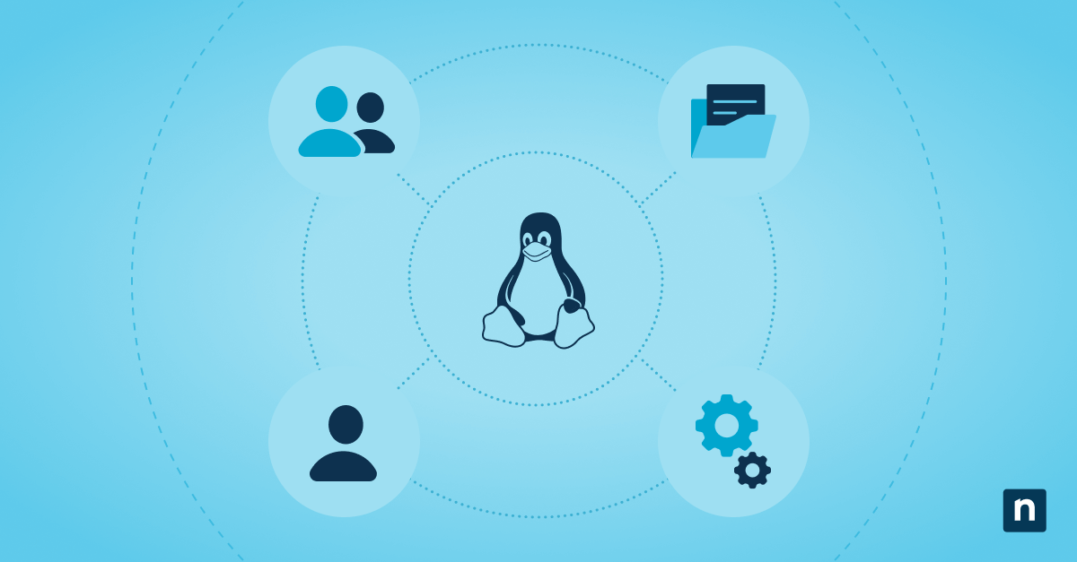 The Linux logo surrounded by icons for the Linux user management blog