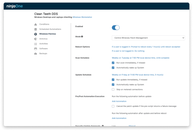 A screenshot of the NinjaOne Windows Patch Management
