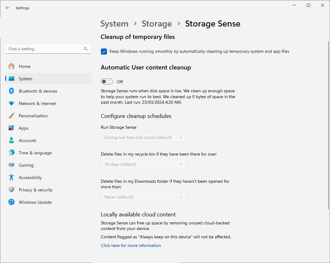 Setting Storage Sense to only clean up temporary files in Windows 11