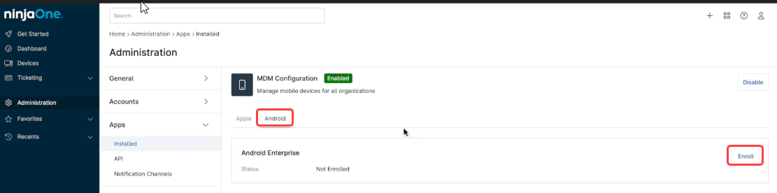 Enroll in the Android Tab for the page Android Enterprise