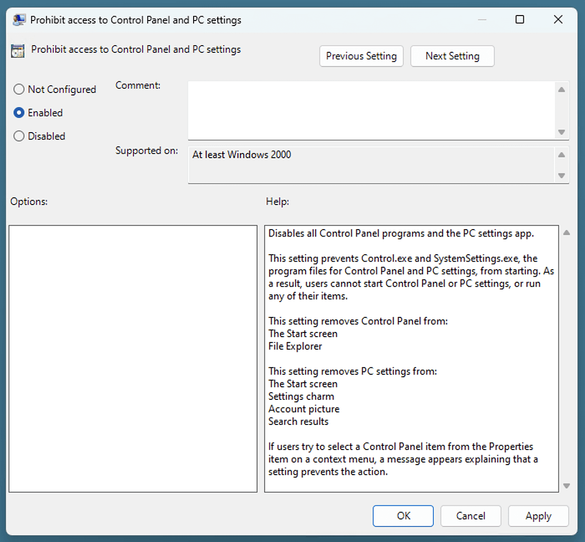 Prohibit access to Control Panel and PC settings 