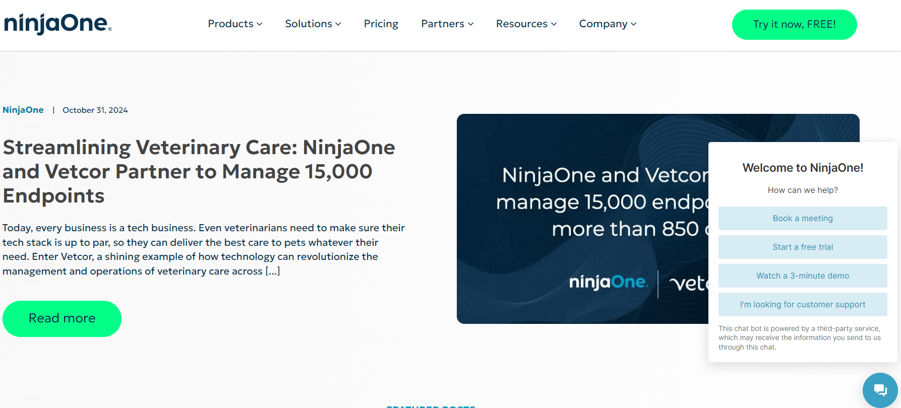 An image of the NinjaOne page with the chatbot