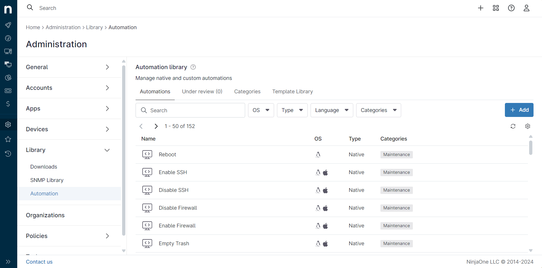 Captura de pantalla de plantillas de automatización OOTB