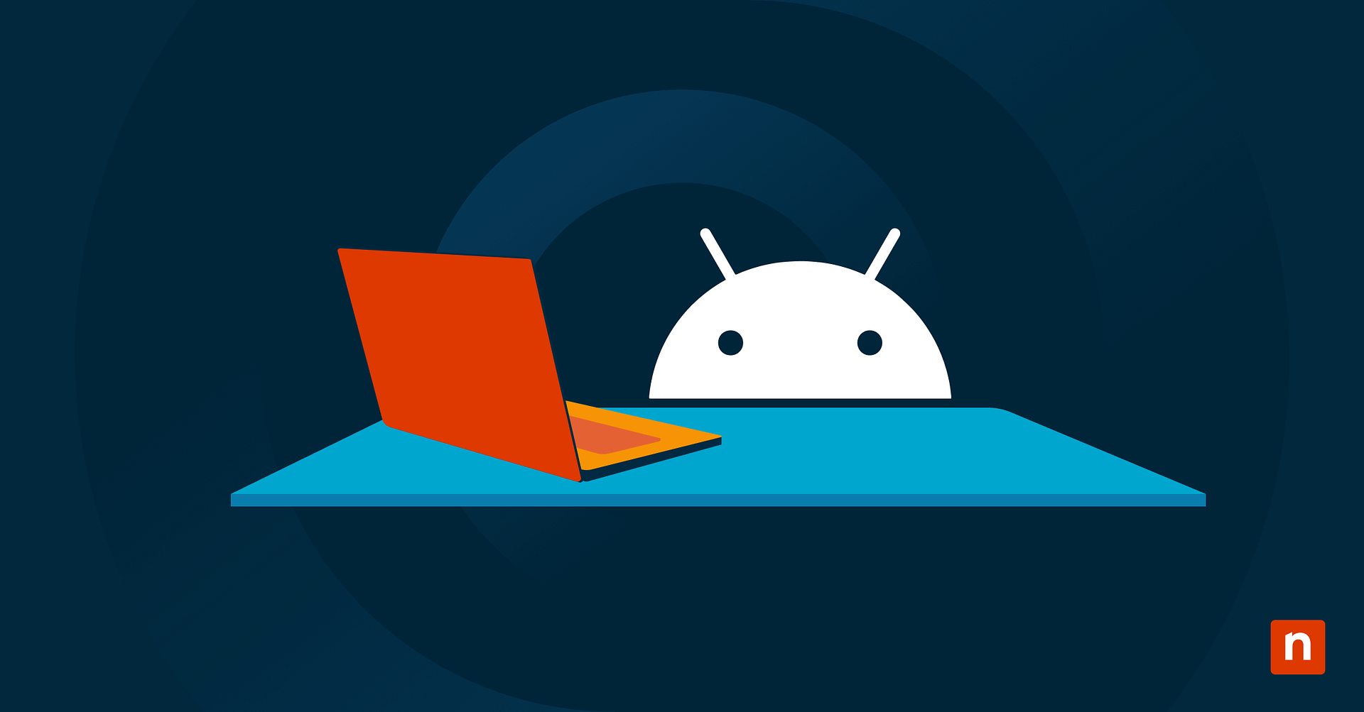 Un'immagine della mascotte di Android con un computer portatile per il blog "Che cos'è Android Enterprise?"