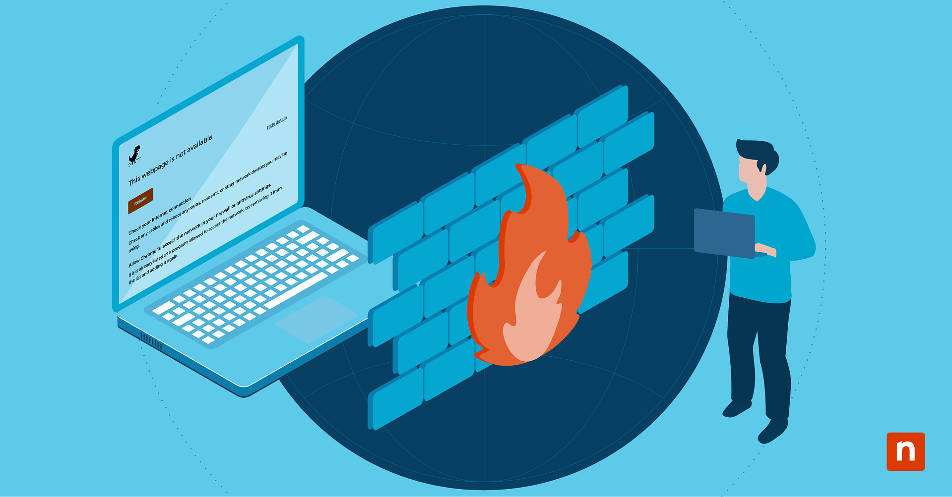 An image of a laptop and a firewall for the blog Consentire a Chrome di accedere alla rete nel firewall