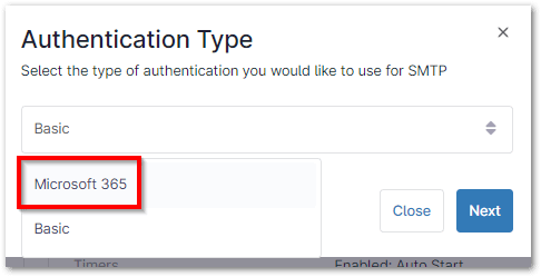 Select "Microsoft 365" from the Authentication Type drop-list. 