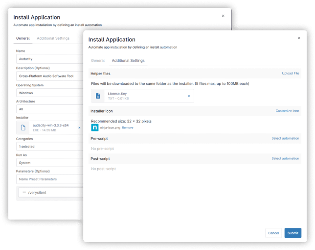 Screenshot of NinjaOne dashboard showing software deployment