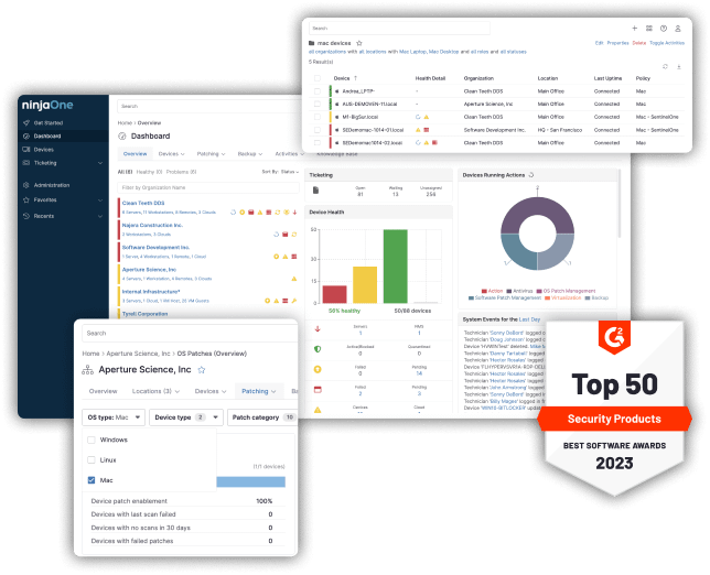 screenshots of ninjaone dashboard showing macOS patch management.