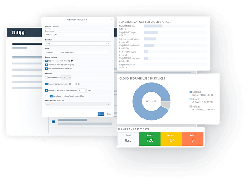 An image of a macOS Data Recovery dashboards, dialog boxes, and analytics