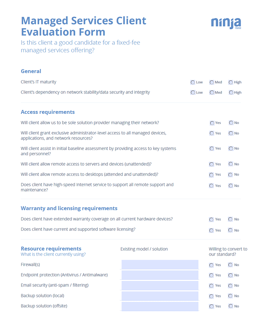 formulaire d'évaluation des clients de services gérés