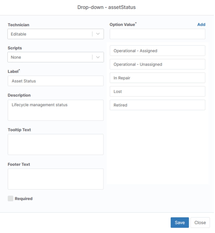 capture d'écran de la configuration des champs personnalisés de la gestion des actifs informatiques