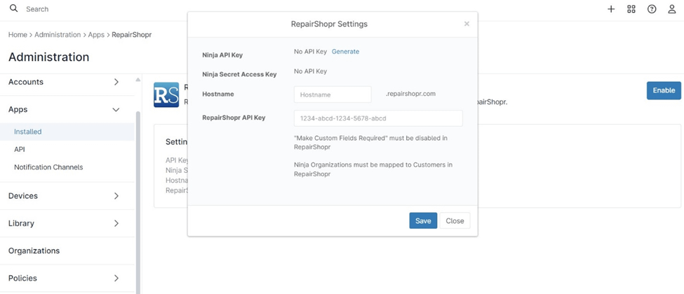 RepairShopr Settings window for the page "How to Connect RepairShopr"