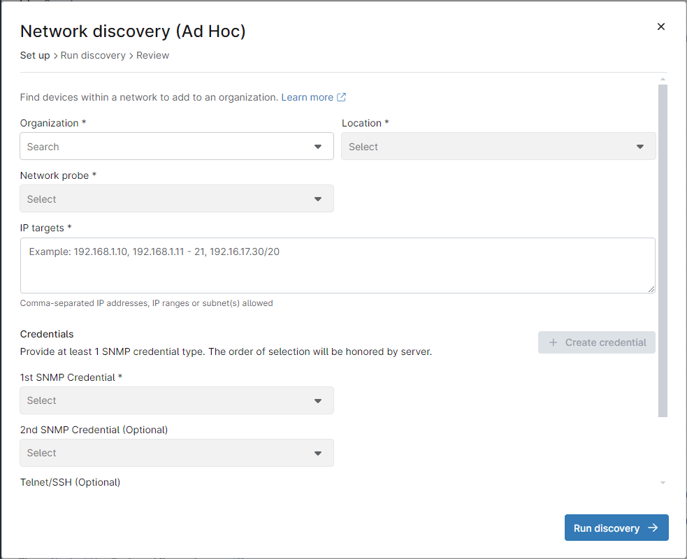 Dal menu a tendina, seleziona Dispositivo, quindi seleziona Esegui una Network Discovery Ad Hoc.