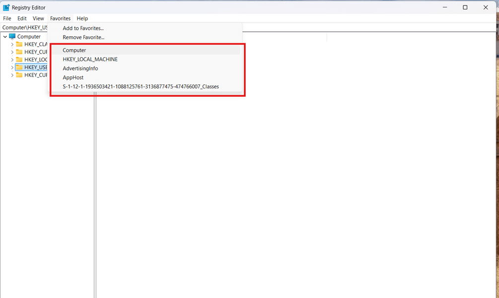 Registry Editor Window and select Favorites