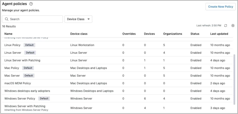 Policies page showing some policies with the “Default” label