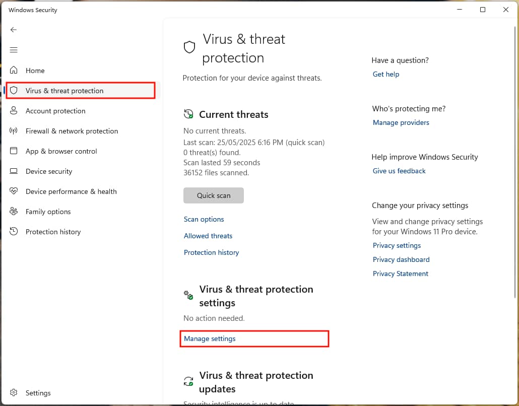 Virus and threat protection window