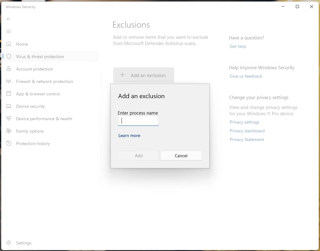 Enter a process name