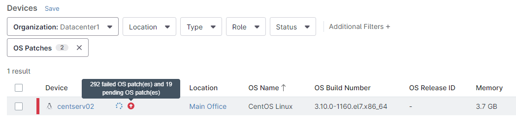 Indicates one device with failed OS patches and 1 device with pending OS patches