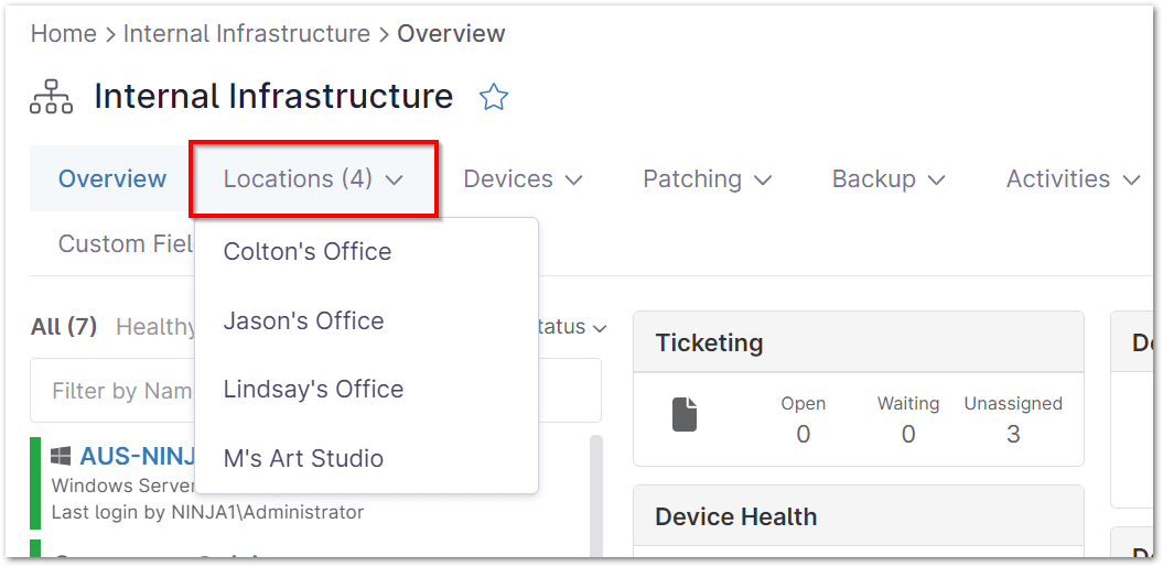 Navigate to the organization dashboard, and hover your cursor over the Location tab.