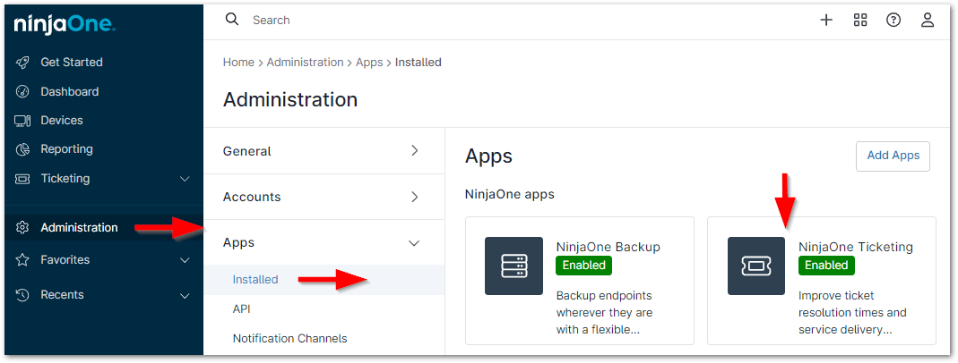 In the NinjaOne console, click Administration in the left navigation pane and select Apps>Installed, and then click Ticketing. 