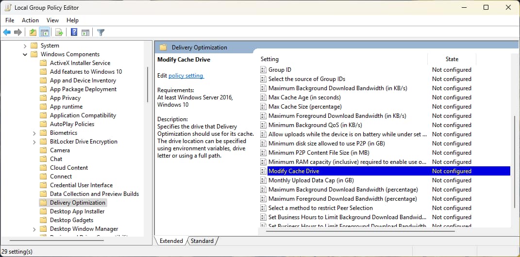 Delivery optimization dialog box