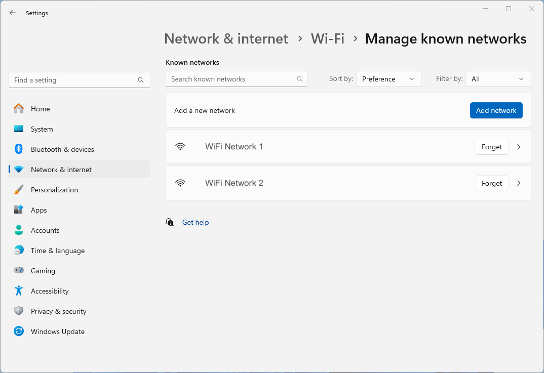 Selecting Manage known networks