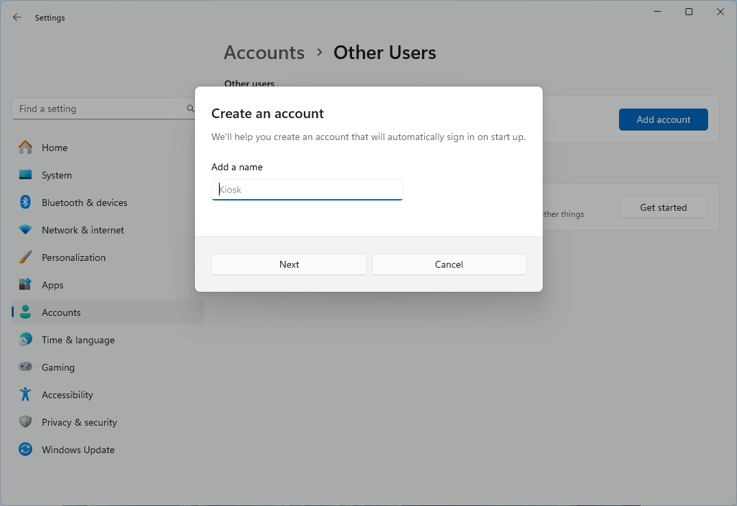 Create an account name for your kiosk account