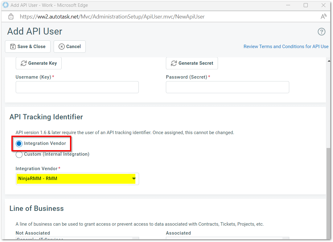 Select "API User (system) for Security Level for the page "How to Connect Autotask with NinjaOne"