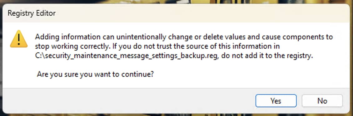 Registry editor pop up message