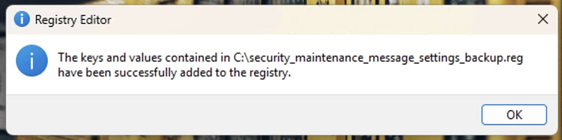 Registry editor success message