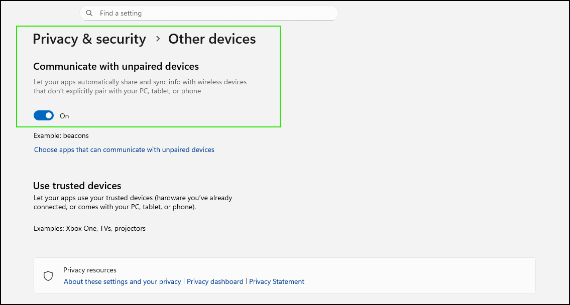 Enable or disable the setting using Windows Settings