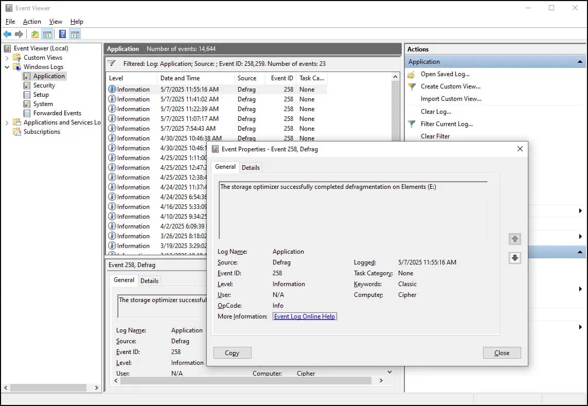 Apri il Visualizzatore eventi (Win + R > eventvwr.msc), vai su Applicazione in Log di Windows, filtra per ID evento 258,259.
