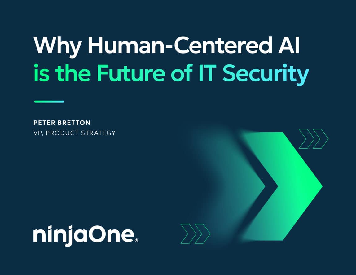 N1-0902-Why-Human-Centered-AI-is-the-Future-of-IT-Security-whitepaper-hero Graphic promoting human-centered AI as the future of IT security with NinjaOne branding