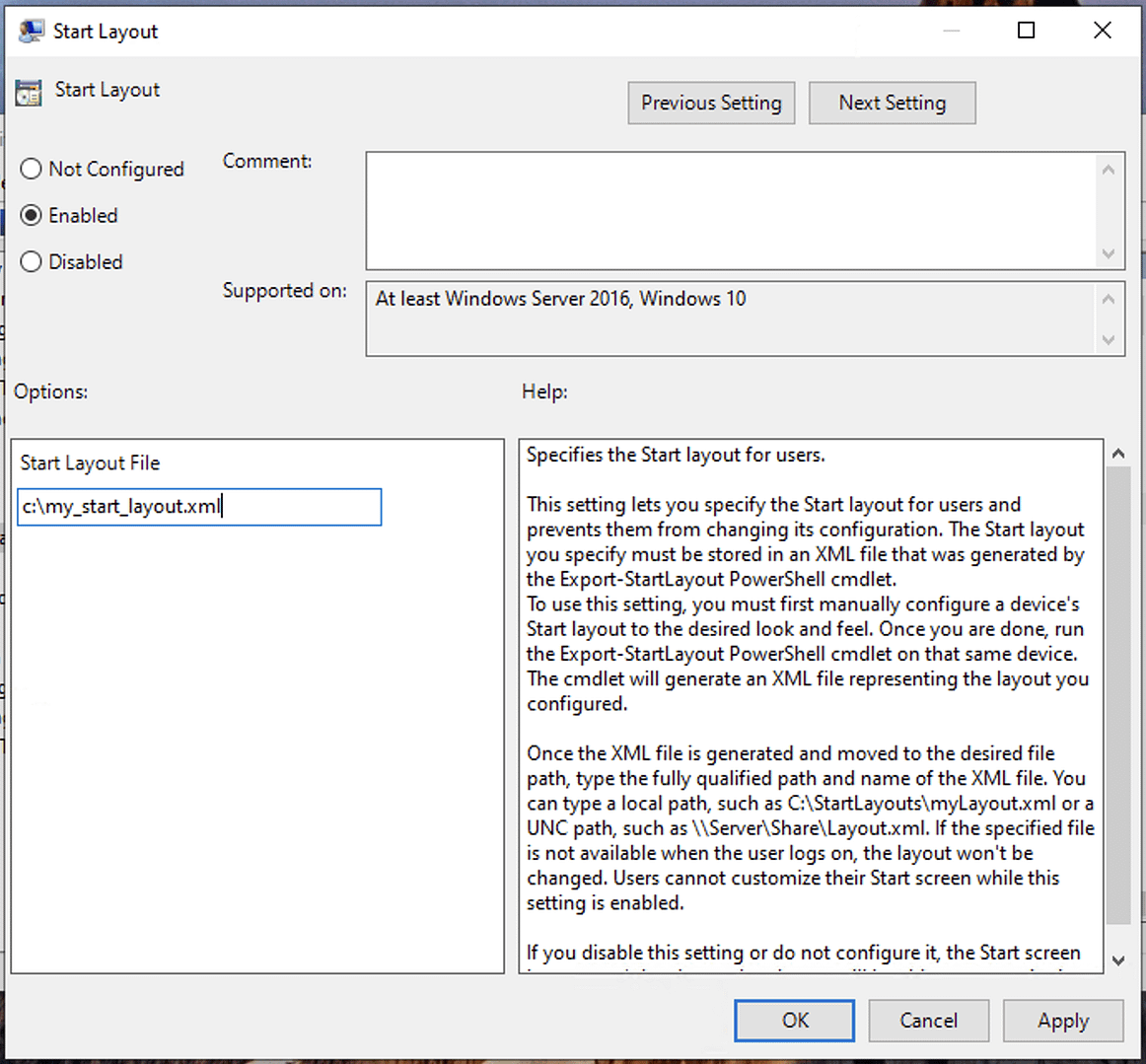 Start layout dialog box