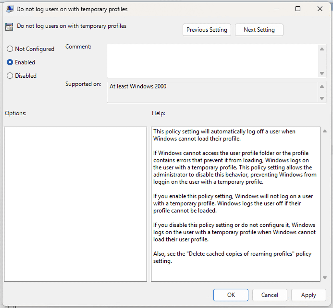 Do not log users on with temporary profiles dialog box