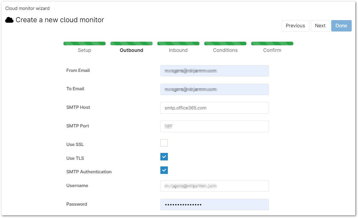 Select the SMTP host and a test account with username/password. 