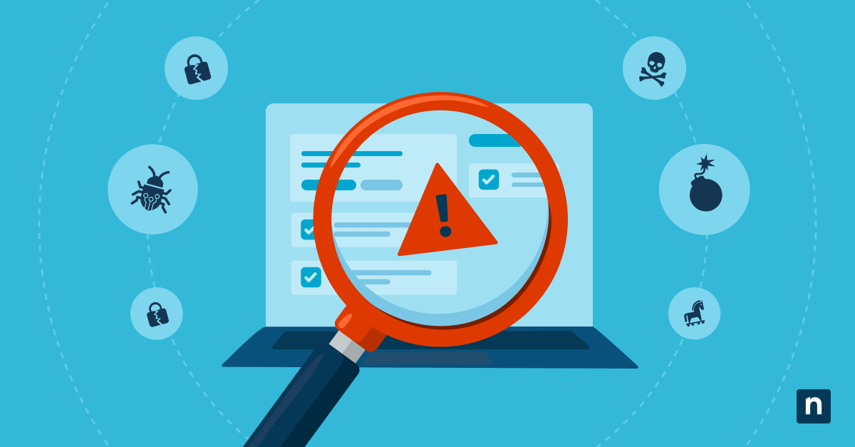 A caution sign inside a magnifying glass is in front of a computer for a blog about vulnerability prioritization