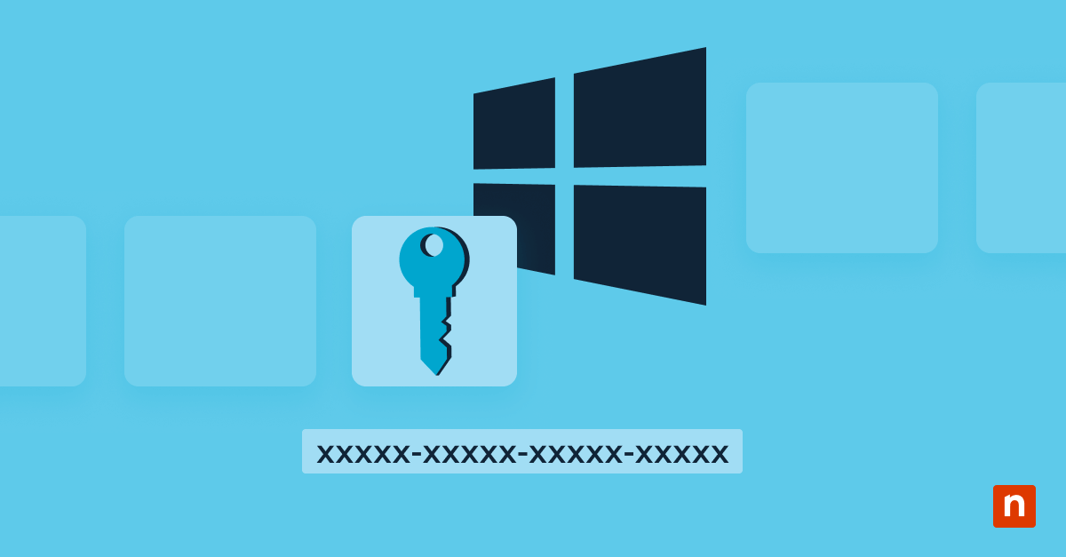Illustration with the Windows logo and a key representing how to find a Windows 10 product key using CMD or PowerShell