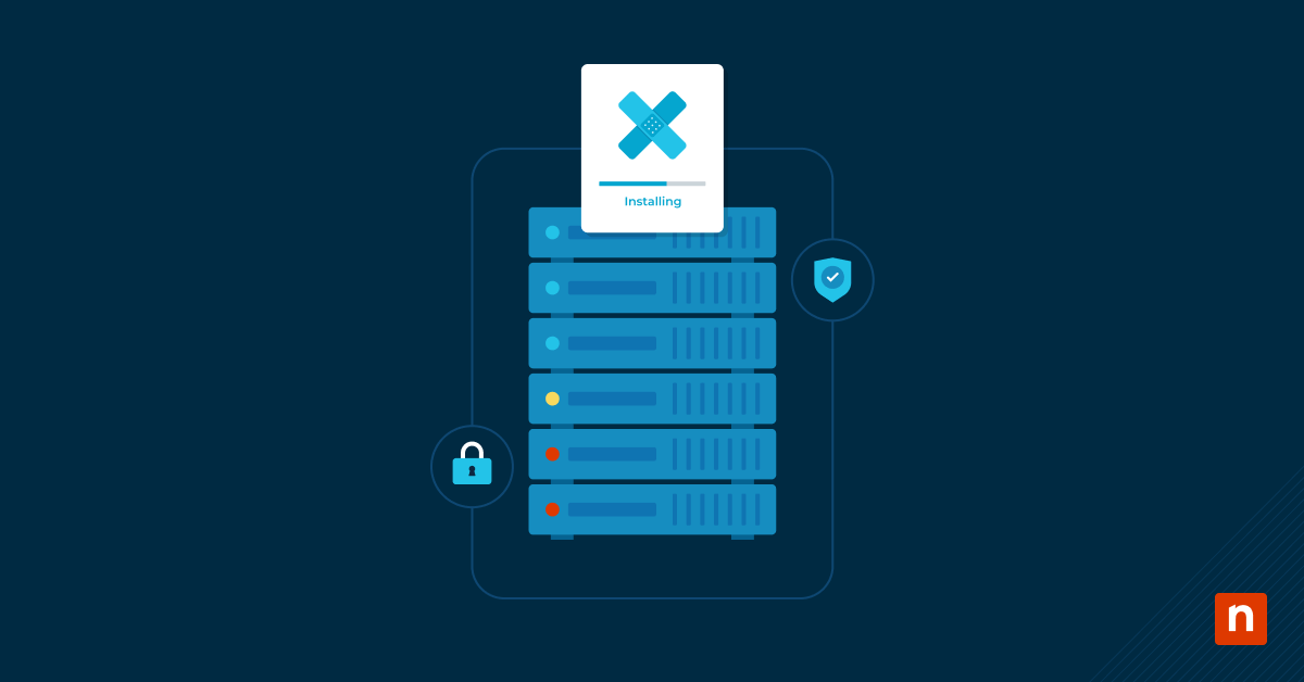Illustration of a server and a patch icon representing the topic of server patching