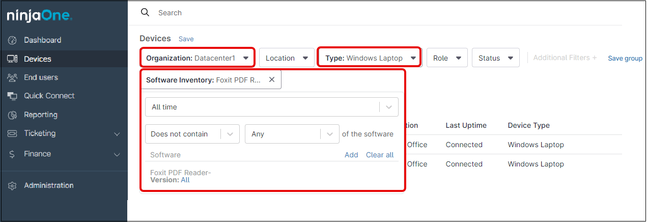 Filters in the devices dashboard