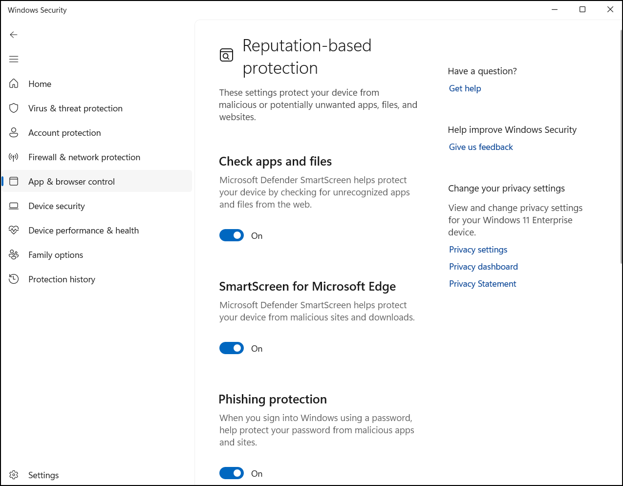 windows security, app and browser control