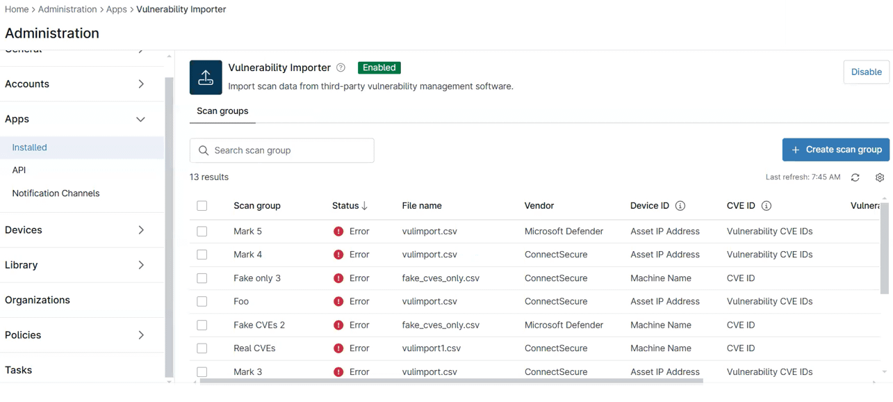 Screenshot dell'importer di vulnerabilità