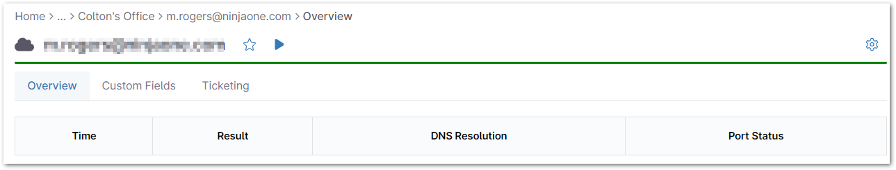 After setting up a Port Scan cloud monitor, viewing it will show you a table of the data points that have been recorded — the table includes the Time, Result, DNS Resolution, and Port Status.