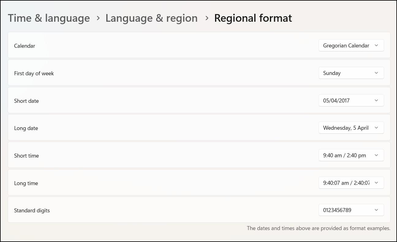 Paramètres de format régional sous "Heure et langue" et "Langue et région"