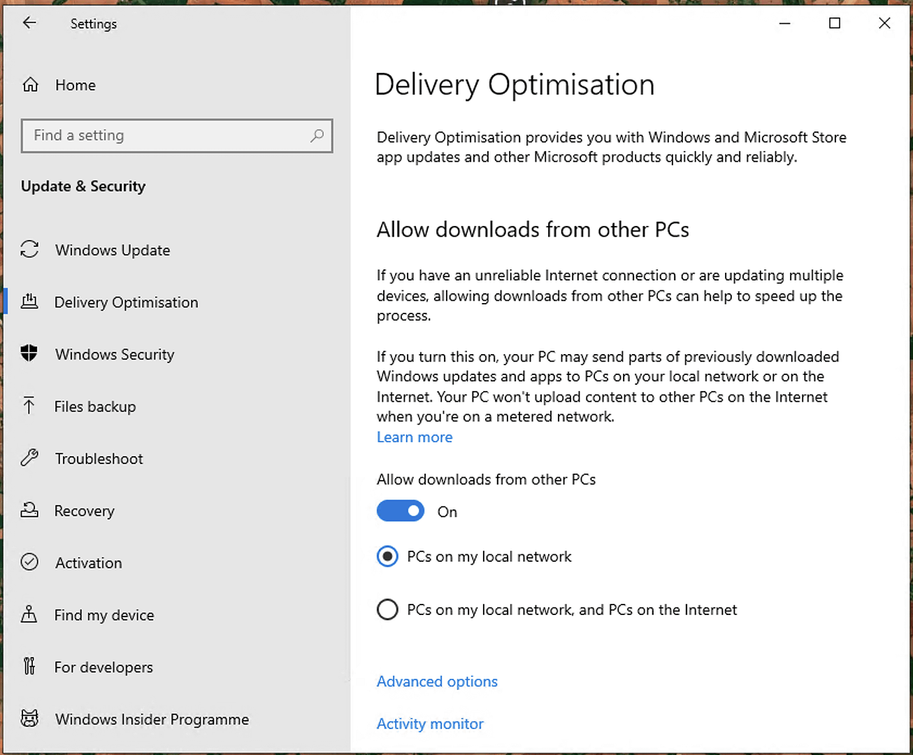Delivery optimization dialog box