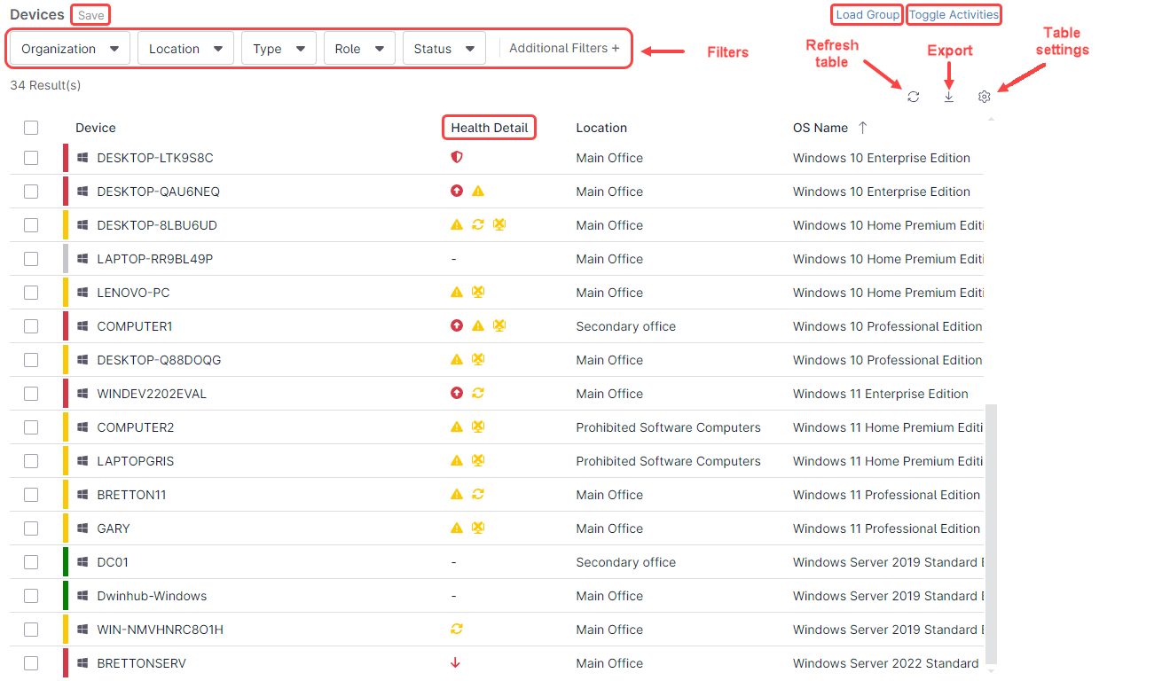 A screenshot showing the list of devices