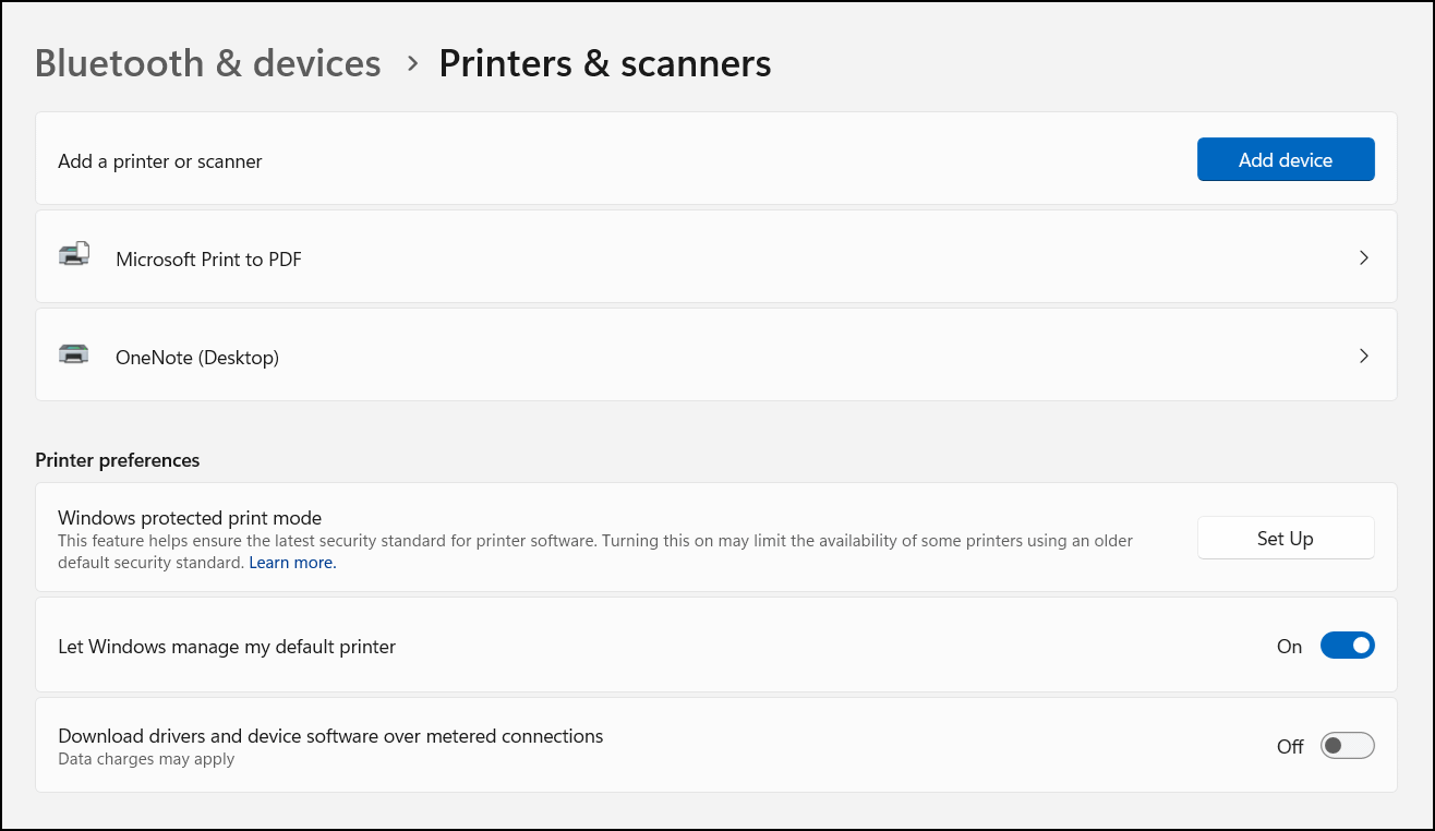Printers & scanners under Bluetooth & devices settings